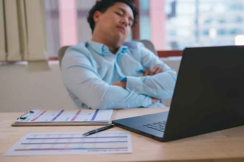Executive Efficiency Businessman at Work Business, tired of eye strain burnout, online trading and overworked on deadline. trader and migraine in office at with fatigue, exhausted or mental health