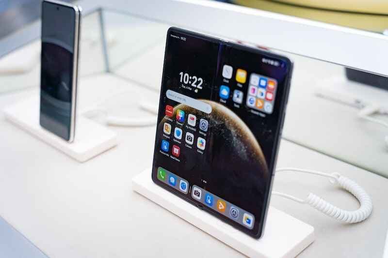 A foldable mobile phone is seen Mobile World Congress 2025 (MWC) at the Fira de Barcelona.