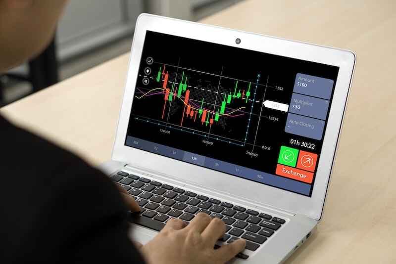 Businessman in suit planning and strategy, stock market, trader working at office. Technical price graph and indicator, red and green candlestick chart and stock trading computer screen background.
