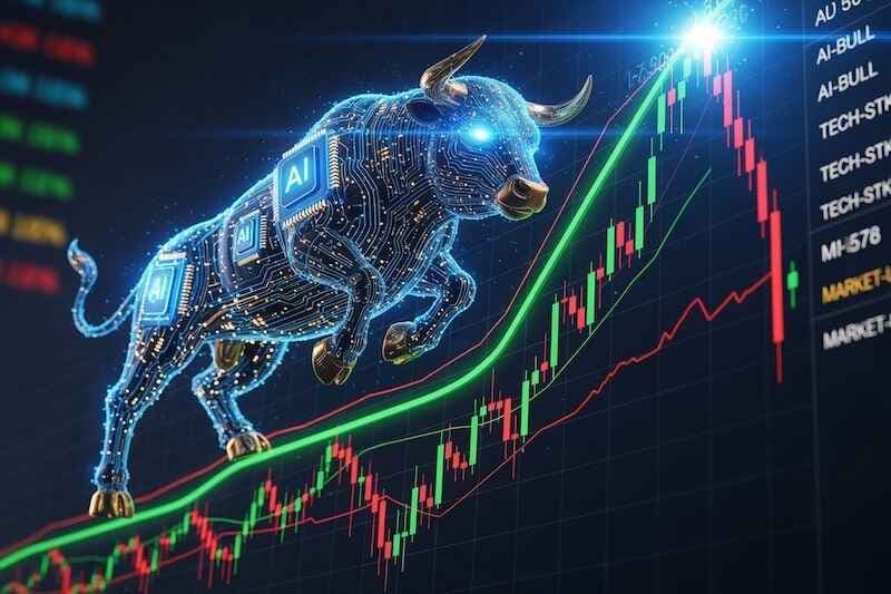 A bull in an AI chip look that goes up on a chart. stock market look